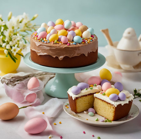 Easter cake with chocolate glaze and easter eggs, selective focus created with the help of artificial intelligence technologiesの素材