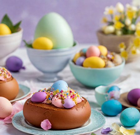 Easter eggs in chocolate glaze and decorated with flowers on a light background created with the help of artificial intelligence technologiesの素材