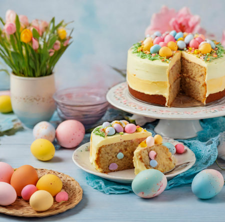 Easter cake with eggs and tulips on a light blue background created with the help of artificial intelligence technologiesの素材