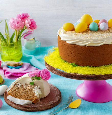 Easter cake with cream and colored eggs on a light background. created with the help of artificial intelligence technologiesの素材