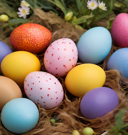 Colorful easter eggs in nest with daisies and grass created with the help of artificial intelligence technologiesの素材
