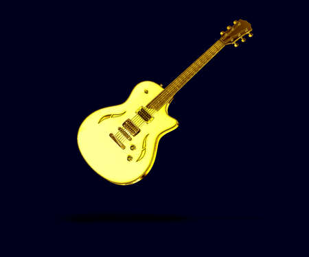 gold guitar on a blue background 3D imageの写真素材