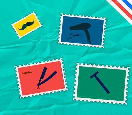 set of hairdressing accessories on a blue backgroundの写真素材