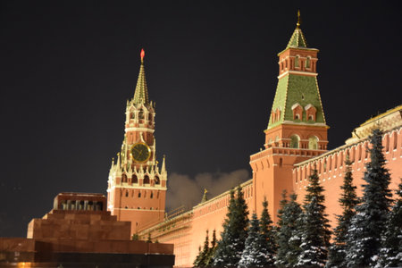 Moscow Kremlin and Spasskaya Tower at nightの写真素材