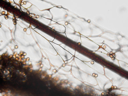 Spores, sporangia of Stemonitis Splendens slime mold grown on rotting wood. Seen in optical microscope with 40x objectiveの写真素材