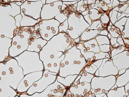 Spores, sporangia of Stemonitis Splendens slime mold grown on rotting wood. Seen in optical...