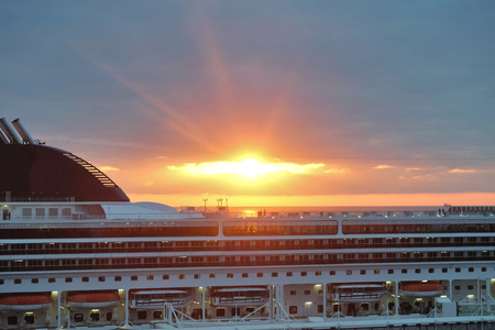 Cruise Ship Deck at Sunset, Marselle, Franceの写真素材