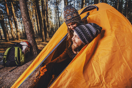 Couple tent camping in the wildernessの写真素材