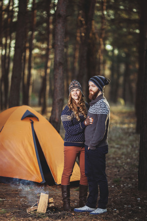 Couple tent camping in the wildernessの写真素材