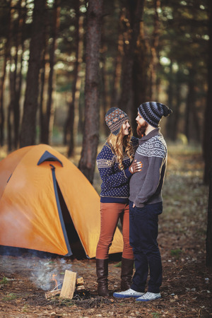 Couple tent camping in the wildernessの写真素材