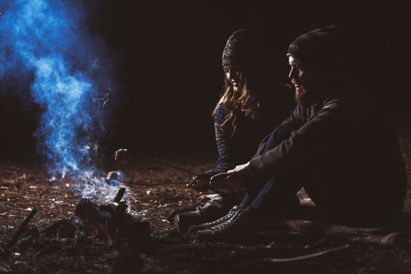 Couple tent camping in the wildernessの写真素材