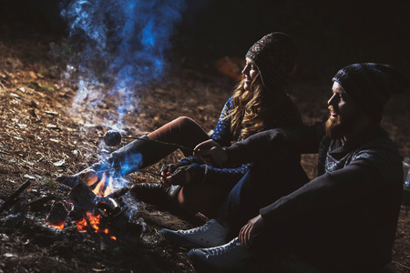 Couple tent camping in the wildernessの写真素材