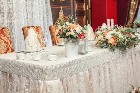 Beautiful flowers on table in wedding dayの写真素材