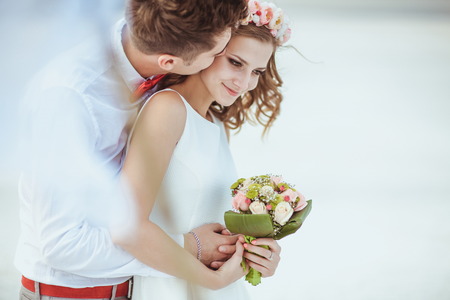 Couple walking on beach. Weddingの写真素材