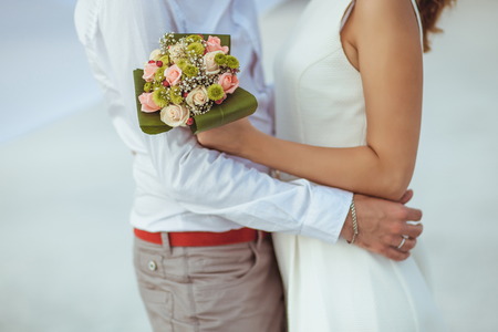 Couple walking on beach. Weddingの写真素材
