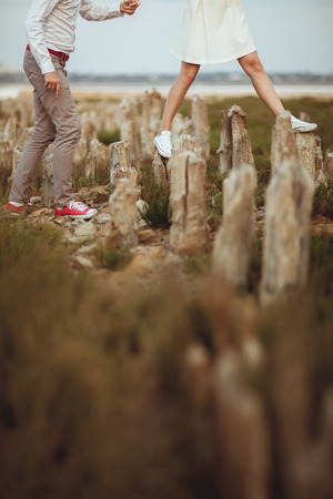 Couple walking on beach. Weddingの写真素材