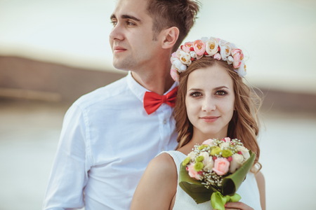Couple walking on beach. Weddingの写真素材