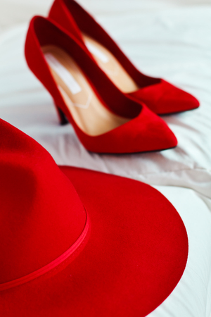 beautiful and stylish red shoes and red hatの写真素材