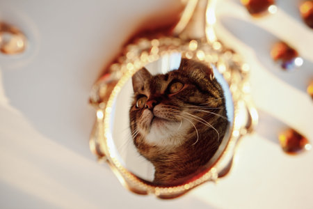beautiful old vintage mirror and in it the reflection of a cat