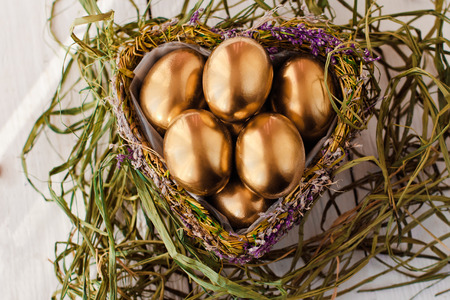 Golden easter eggs in nest on white wooden backgroundの写真素材