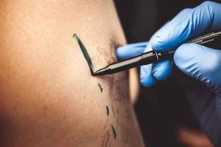 master tattoo artist makes a mark on the skin before applying the tattoo