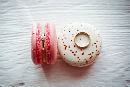 beautiful wedding rings on macaroons variety. wedding partyの写真素材