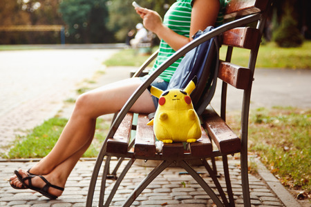 Victory Park in Poltava, Ukraine - September 03.09.2016: plush doll Pikachu. Toy PokÃ©mon from the famous cartoon and game pokemon go.のeditorial素材