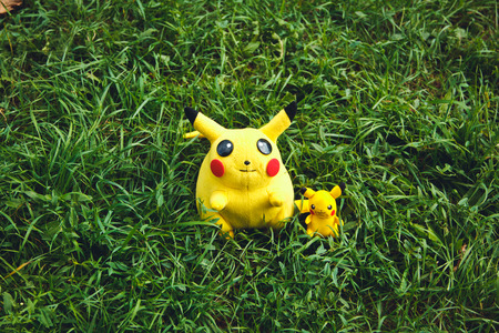 Victory Park in Poltava, Ukraine - September 03.09.2016: plush doll Pikachu. Toy PokÃ©mon from the famous cartoon and game pokemon go.のeditorial素材