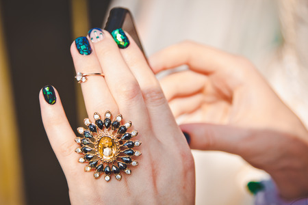 beautiful big engagement ring on woman's handの写真素材