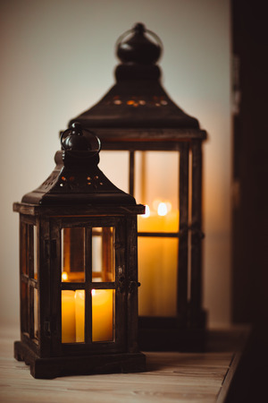 Christmas lanterns with candles. Christmas decor. Greeting Card.の写真素材