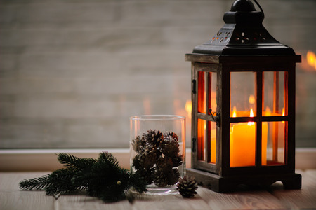 Christmas lanterns with candles. Christmas decor. Greeting Card.の写真素材