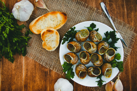 Escargots de Bourgogne - Snails with herbs butter, gourmet dish in French traditional  with parsley and bread on white platterの写真素材