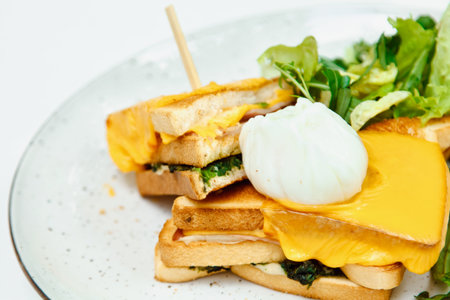 Beautiful fresh Croque-Madame. Sandwich with cheese and ham on the grill, a popular French Breakfastの写真素材