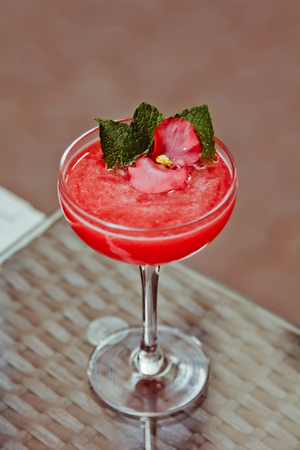 Beautiful fresh cool summer fruit smoothie with strawberries and mintの写真素材