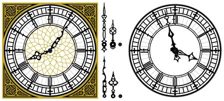 Golden square ornament dial clock and clock hands. Set of antique clock hands. Vector set of tower Big Ben style clock. Gothic Vintage vector watchのイラスト素材