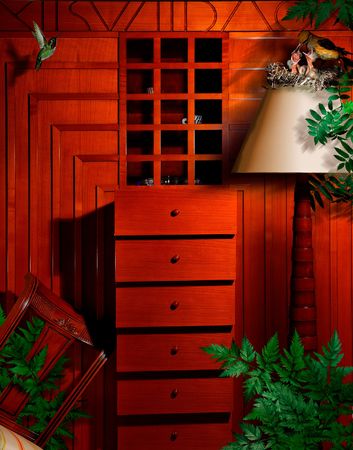 Interior with leaves and birdsの写真素材