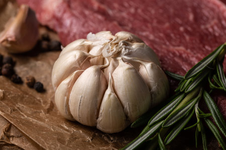 Raw steak on wooden cutting board with garlic, pepper and rosemary.の写真素材