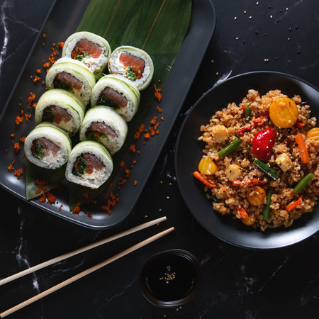 Cucumber Wrapped Sushi Rolls with Stir Fry and Appetizerの写真素材