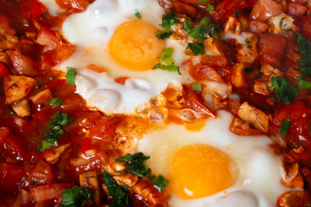 Shakshuka with eggs, tomatoes, and chicken piecesの写真素材