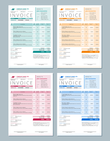 Set of Vector Invoice Design Templates. Gren, Orange, Red and Blue Colors