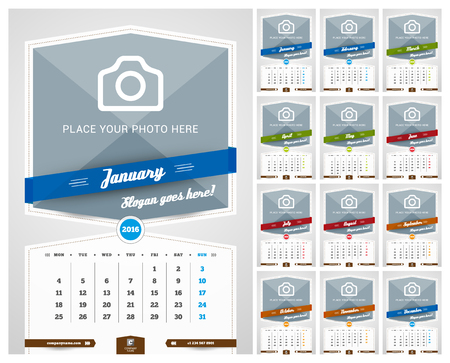 Wall Monthly Calendar for 2016 Year. Vector Design Print Template with Place for Photo and Pattern Background. Set of 12 Months. Week starts Mondayのイラスト素材