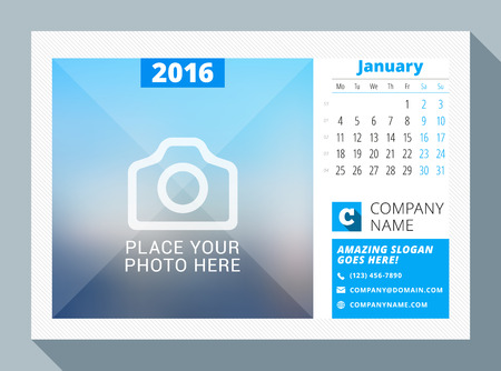 January 2016. Desk Calendar for 2016 Year. Vector Design Print Template with Place for Photo, Logo and Contact Information. Week Starts Monday. Calendar Grid with Week Numbersのイラスト素材