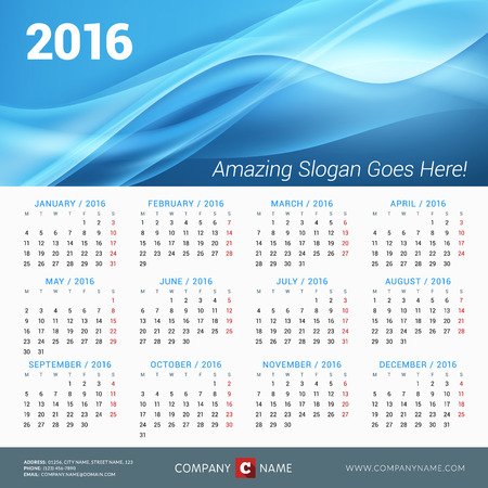 Calendar for 2016 Year. Vector Design Print Template with Place for Photo, Company and Contact Information. Week Starts Mondayのイラスト素材