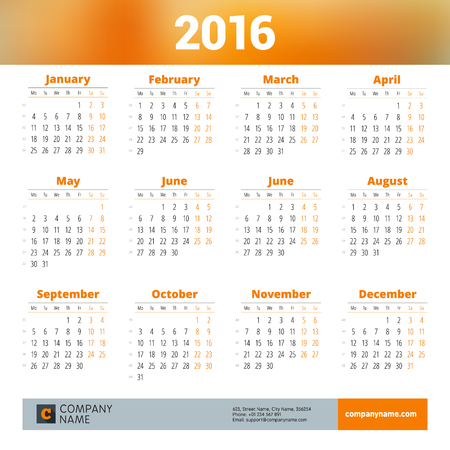 Calendar for 2016 Year. Vector Design Print Template with Place for Photo, Company and Contact Information. Week Starts Mondayのイラスト素材