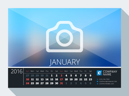 January 2016. Vector Stationery Design. Print Template. Desk Calendar for 2016 Year. Place for Photo, Logo and Contact Information. Week Starts Sundayのイラスト素材