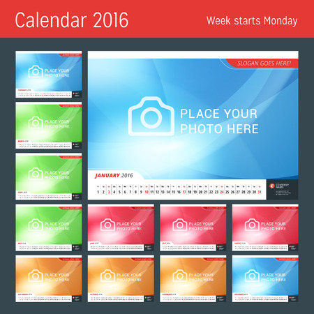 Line Calendar for 2016 Year. Vector Design Print Template. Week Starts Monday. Set of 12 Monthsのイラスト素材