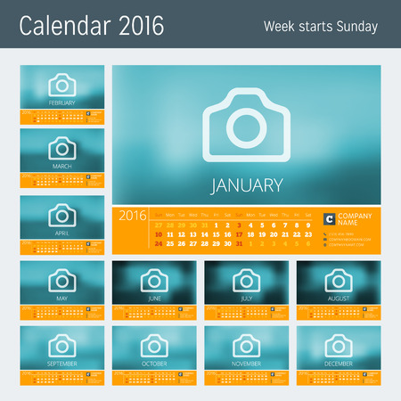 Line Calendar for 2016 Year. Vector Design Print Template. Week Starts Sunday. Set of 12 Monthsのイラスト素材