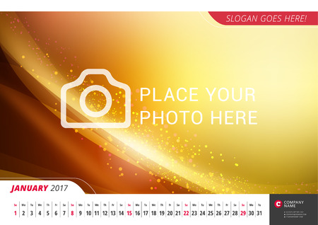 Wall Monthly Line Calendar for 2017 Year. Vector Design Print Template with Abstract Background or Place for Photo. Landscape Orientation. January 2017のイラスト素材
