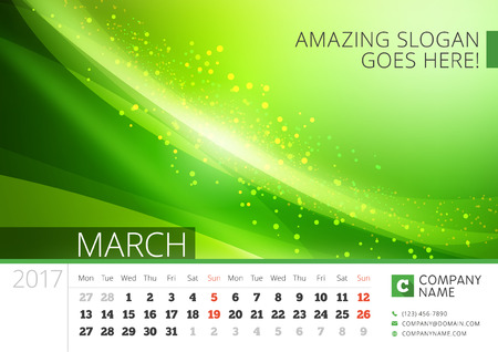 Desk Line Calendar for 2017 Year. Vector Design Print Template with Abstract Background. March. Week Starts Mondayのイラスト素材