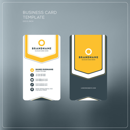 Vertical business card print template. Personal business card with company logo. Black and yellow colors. Clean flat design. Vector illustration. Business card mockupのイラスト素材